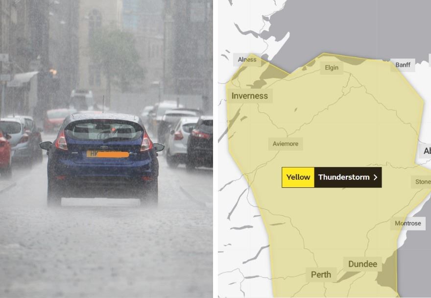 A yellow weather warning has been issued as thunderstorms are set to hit parts of the HIghlands around Inverness and the Cairngorms.
