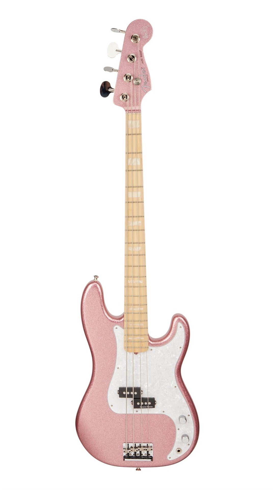 Adam Clayton stage-played and owned rose sparkle Fender bass guitar (Julien’s Auctions/PA)