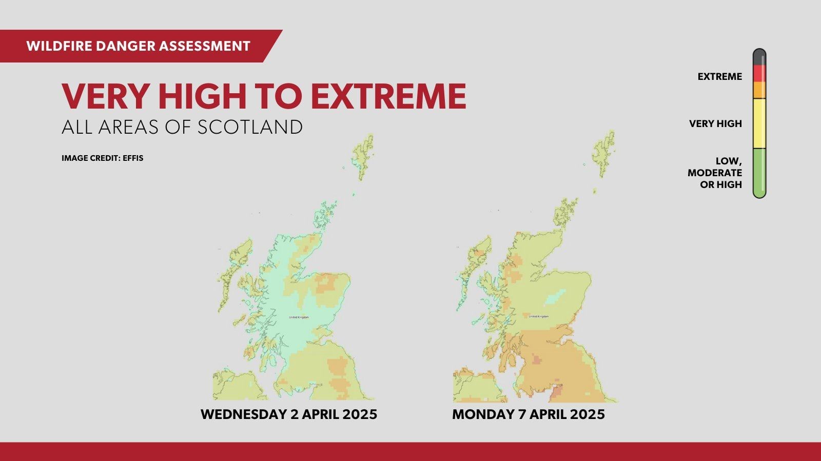 The wildfire risk maps for the coming week. The risk of wildfire, which is already very high in many parts, is expected to increase further heading into the weekend. Picture: Scottish Fire and Rescue Service.
