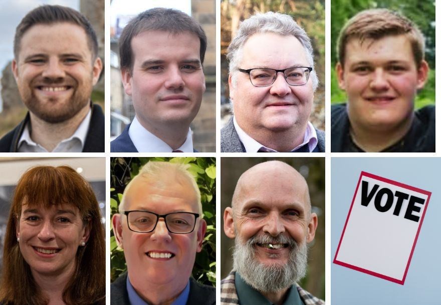 Top Row: Neil Alexander (Lib Dems); James Hynam (Labour); Graham Leadbitter (SNP); Euan Morrice (Scottish Family). Bottom Row: Kathleen Robertson (Conservative); Steve Skerrett (Reform); Draeyk Van Der Horn (Greens).