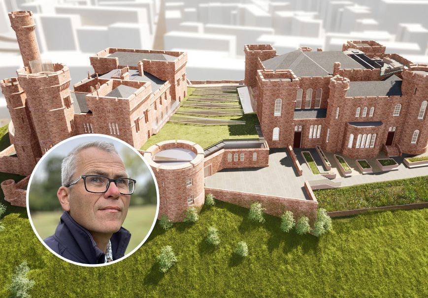 Garry Marsden (inset) and an artist's impression of how the castle will look once the Experience build is complete.