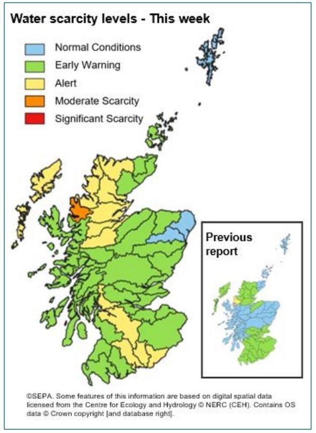 The worst affected area in Scotland is currently in part of Wester Ross, with alerts (yellow) or early warnings (green) in place across the rest of the Highlands.