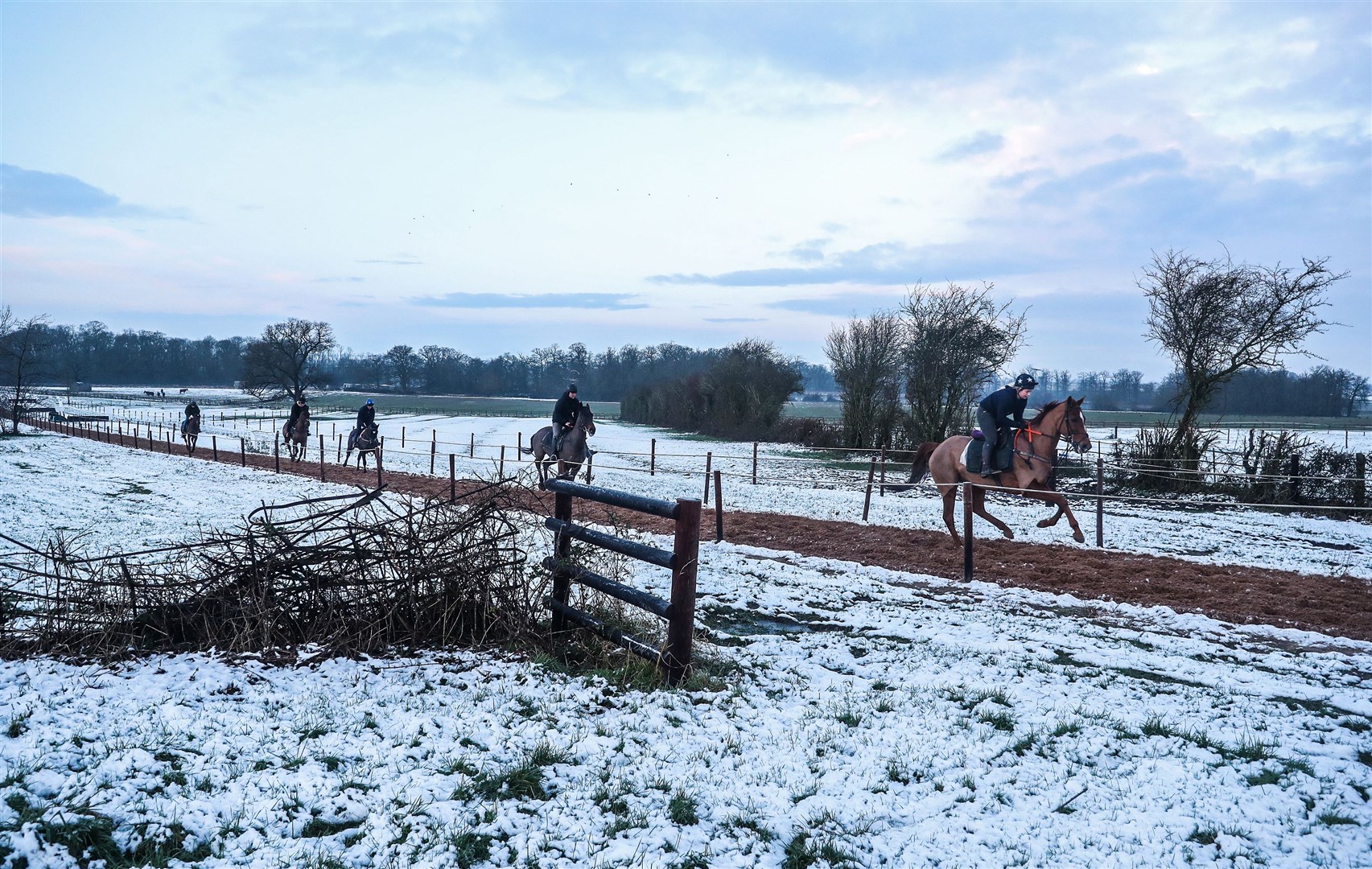 Horses on the gallops in the snow at Sam Drinkwater’s Granary Stables in Upper Strensham, Worcestershire (David Davies/PA)