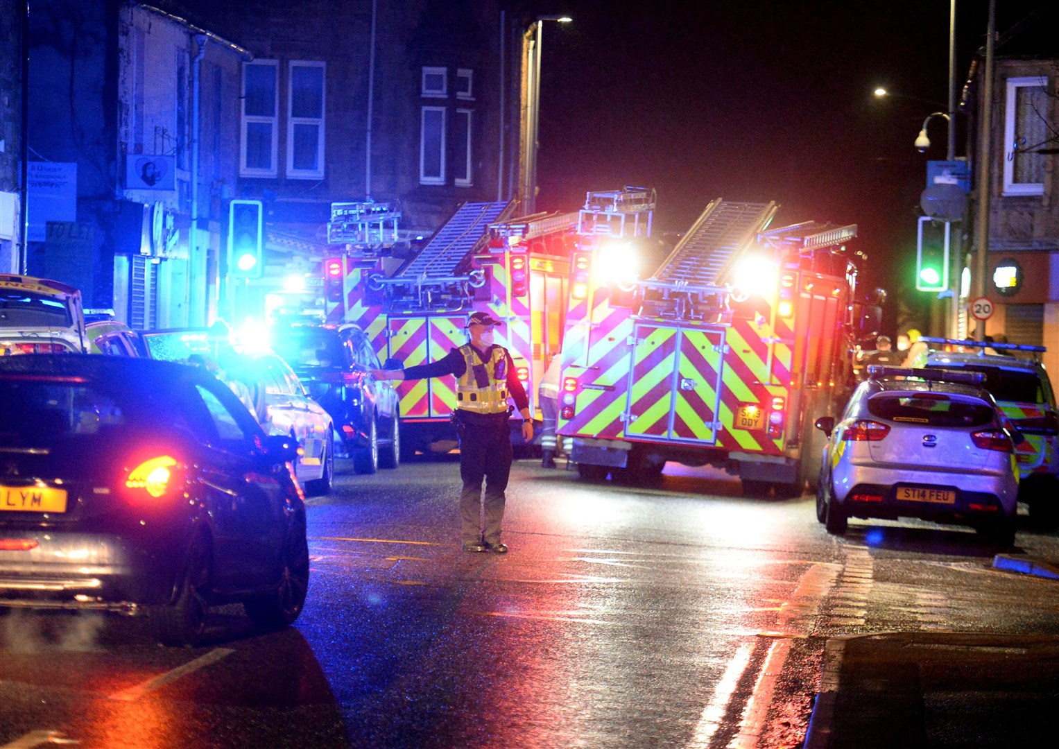 RTC on Grant Street as car hits former William Hill on junction with Lochalsh Road..Picture HN&M staff..