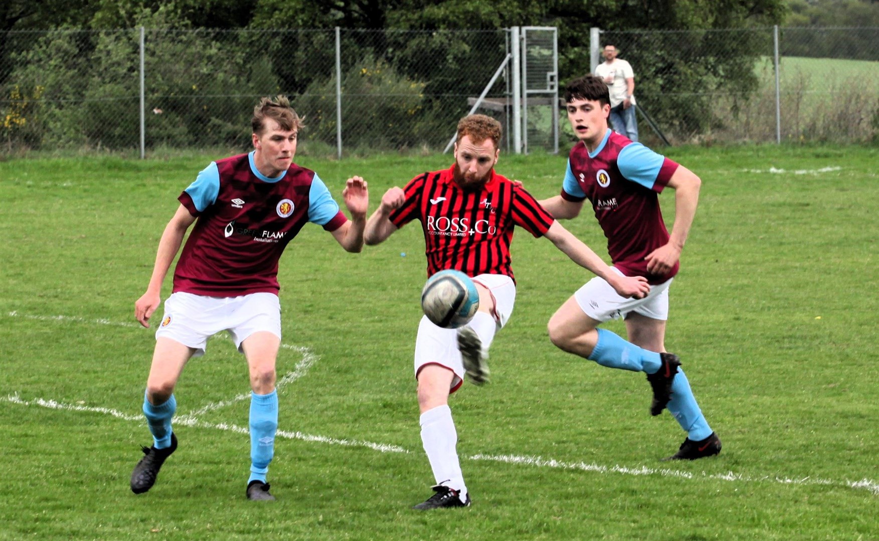 Coming face to face again... Aviemore Thistle's player-manager Finlay McDonald and Matt Reynolds (left) and Kalen Clark, of Grantown United.