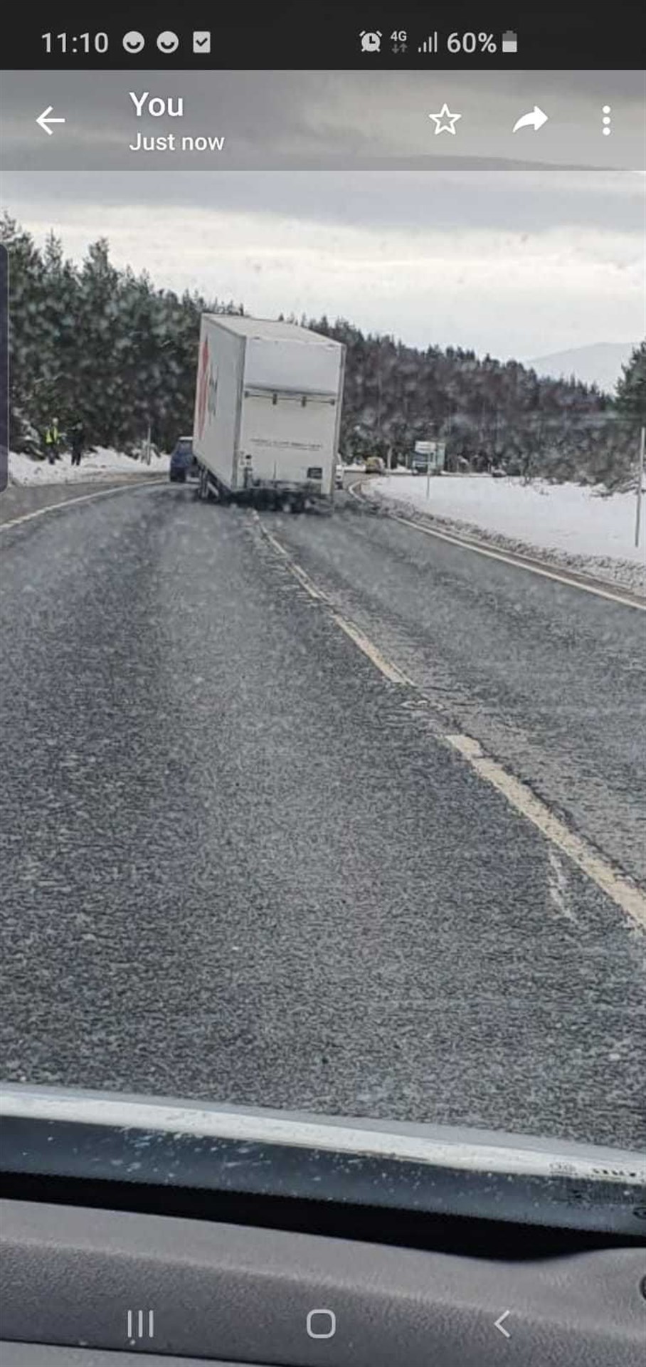 The lorry trailer stranded on the A9 near Carrbridge in this morning's accident.