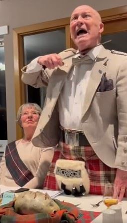 "Clap in his walie nieve a blade, he’ll mak it whissle an’ legs and arms an’ heads will sned like taps o’ thrissle!" Grant Frazer's dramatic address to the haggis ensured a memorable Yes Badenoch and Strathspey Burns Supper. Pictures: Amanda Frazer