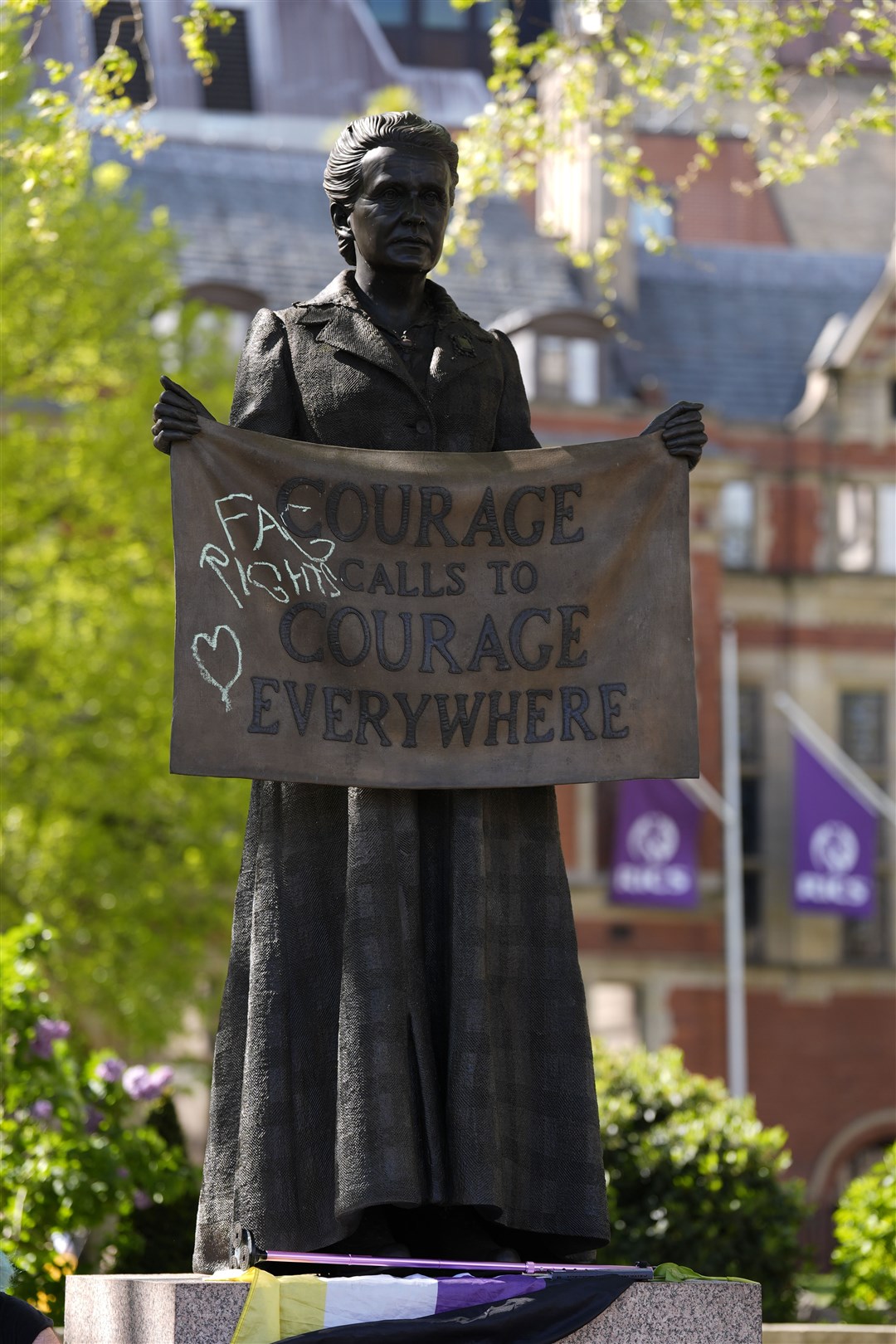 Graffiti left on statues in Parliament Square, London, after campaigners held a rally organised by trans rights groups, trade unions, and community organisations, following the Supreme Court ruling (Andrew Matthews/PA)