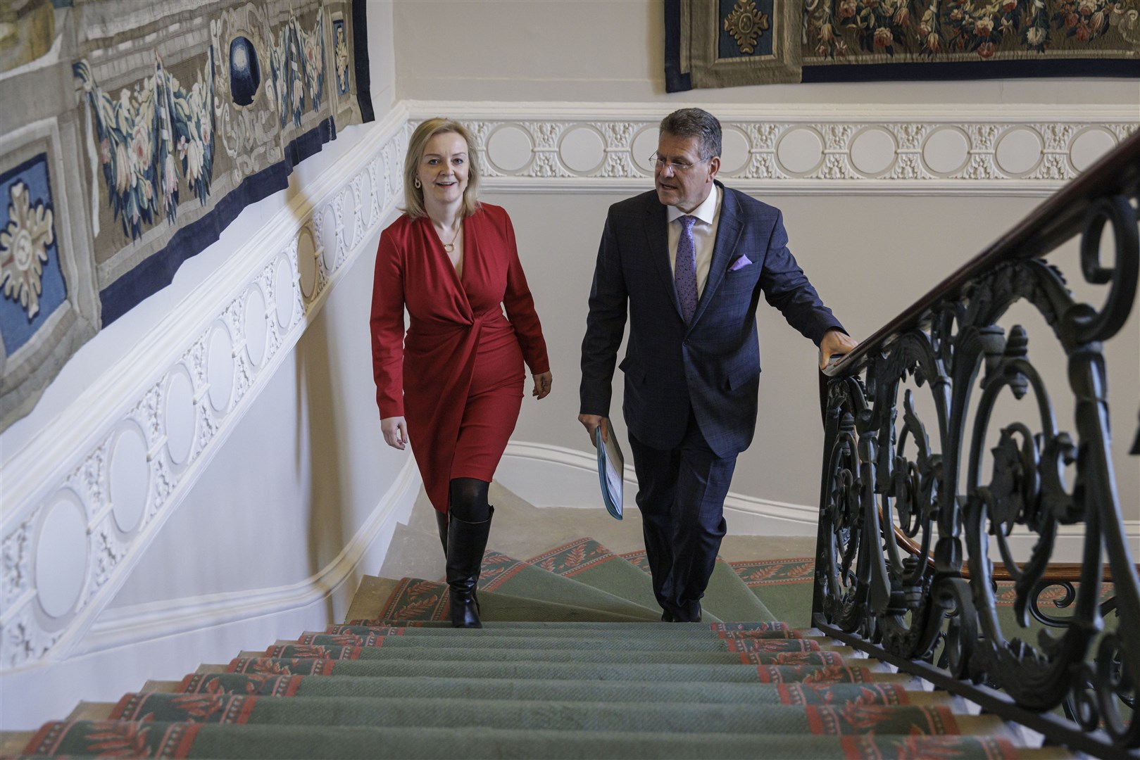 Mr Coveney said he spoke to Foreign Secretary Liz Truss, left, and European Commission vice-president Maros Sefcovic regularly (Rob Pinney/PA)