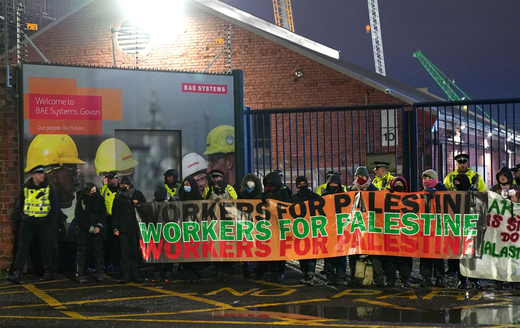 Protesters form a blockade outside BAE Systems in the Govan area of Glasgow (Jane Barlow/PA)