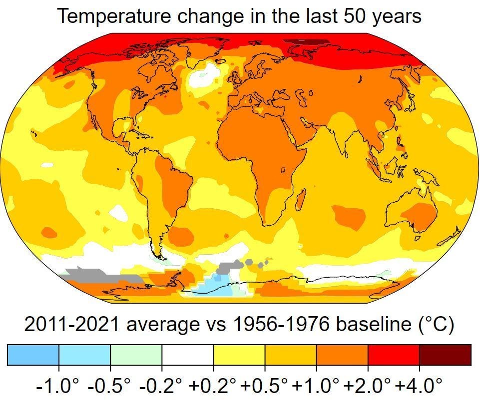 GLOBAL WARMING: The change in earth’s temperature from the averages for 1956-1976 to the period 2011-2021. Image: NASA’s Scientific Visualization Studio, Key and Title by uploader (Eric Fisk)