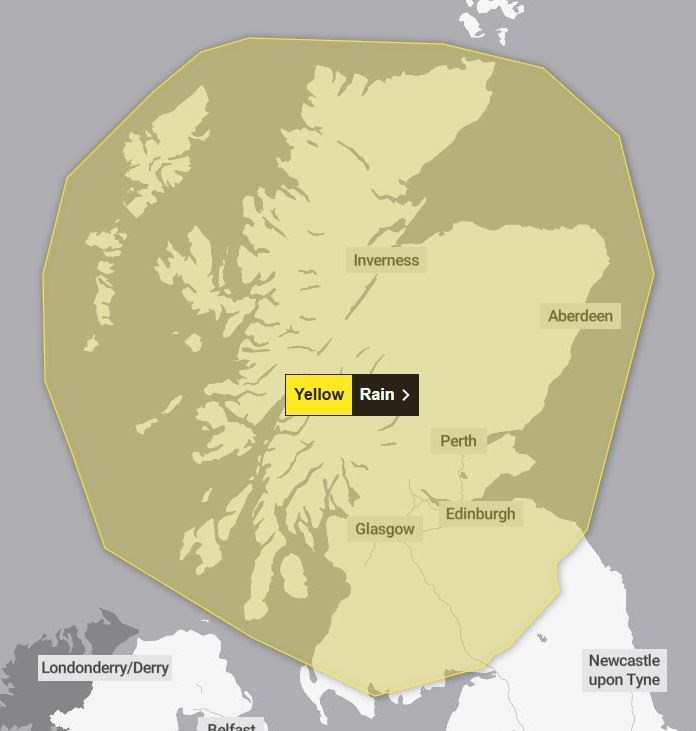 The area covered by the yellow weather warning for rain. The alert, which comes into force on Monday, will run for 48-hours and right up to the bells on Hogmanay. Picture: Met Office.