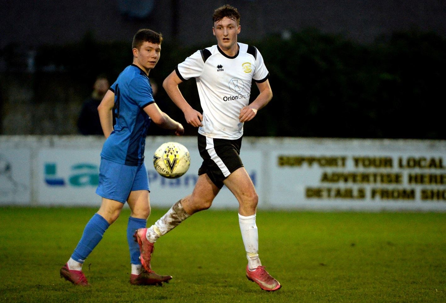 Clach's Connor Bunce (right) opened the scoring for Clach with a great strike against the run of play. Picture: James Mackenzie.