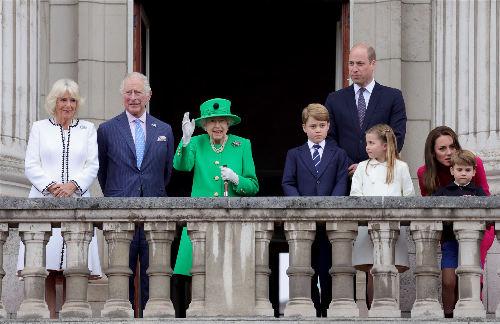 Four days of celebrations marked the Queen’s Platinum Jubilee. Here, she joins the Duchess of Cornwall, the Prince of Wales, Prince George, the Duke of Cambridge, Princess Charlotte, Prince Louis, and the Duchess of Cambridge on the balcony of Buckingham Palace (Chris Jackson/PA)