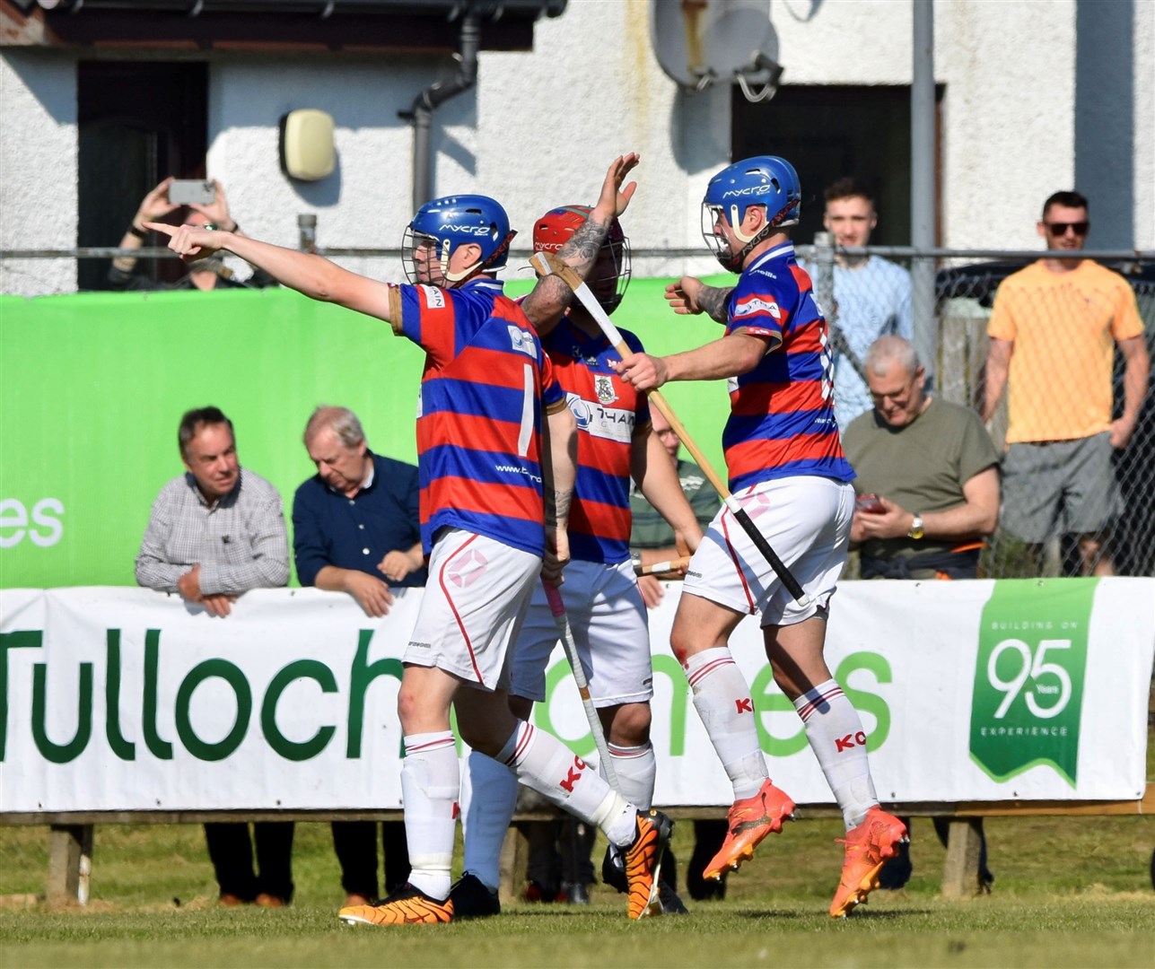 Savio Genini and James Falconer join Dylan Borthwick (left) to celebrate one of his goals. Picture: Fiona Young.