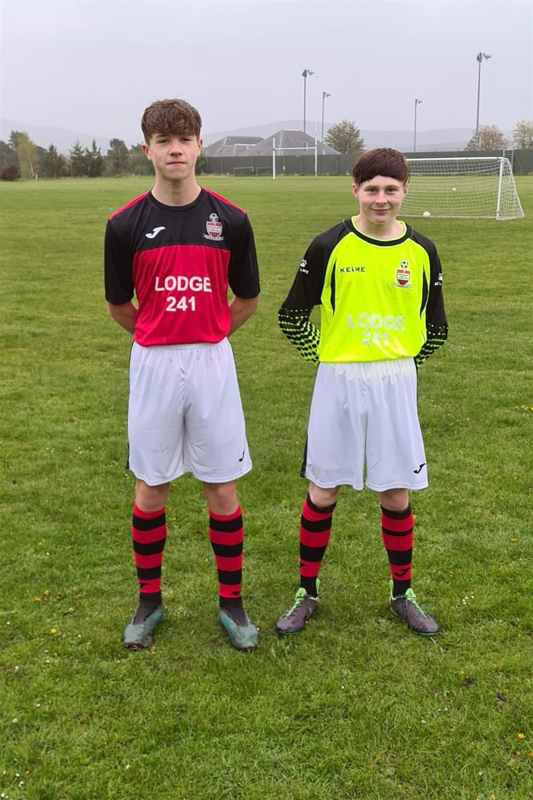 Argyle Allan and Josh Barrett show off the new home kit for Spey Valley U18s FC.