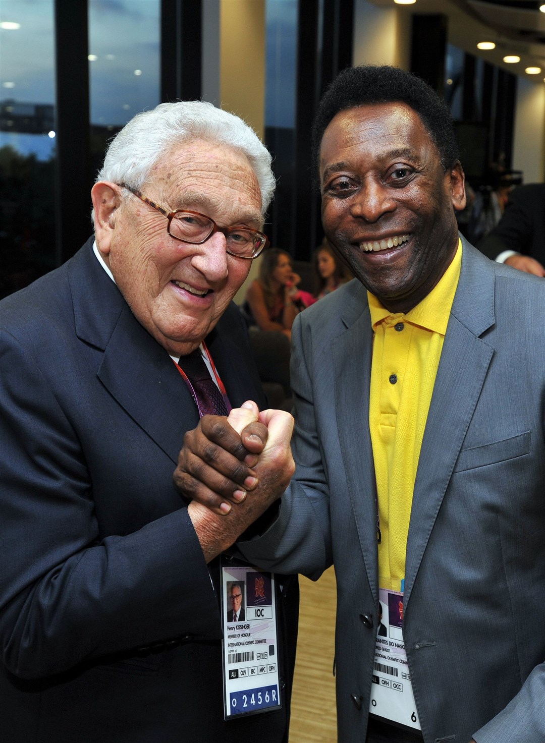 Brazilian football great Pele with Mr Kissinger at the closing ceremony of the 2012 London Olympic Games (PA)