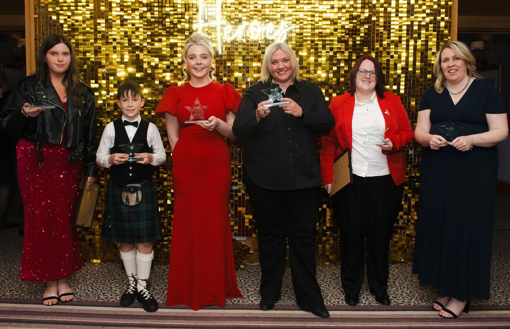 Some of the winners. From left: Melissa Mathieson, Angus MacDonald, Orlagh MacIver, Vikki Forrester (headteacher of Inverness High School), Rachel Cavellini and Elaine Maciver.