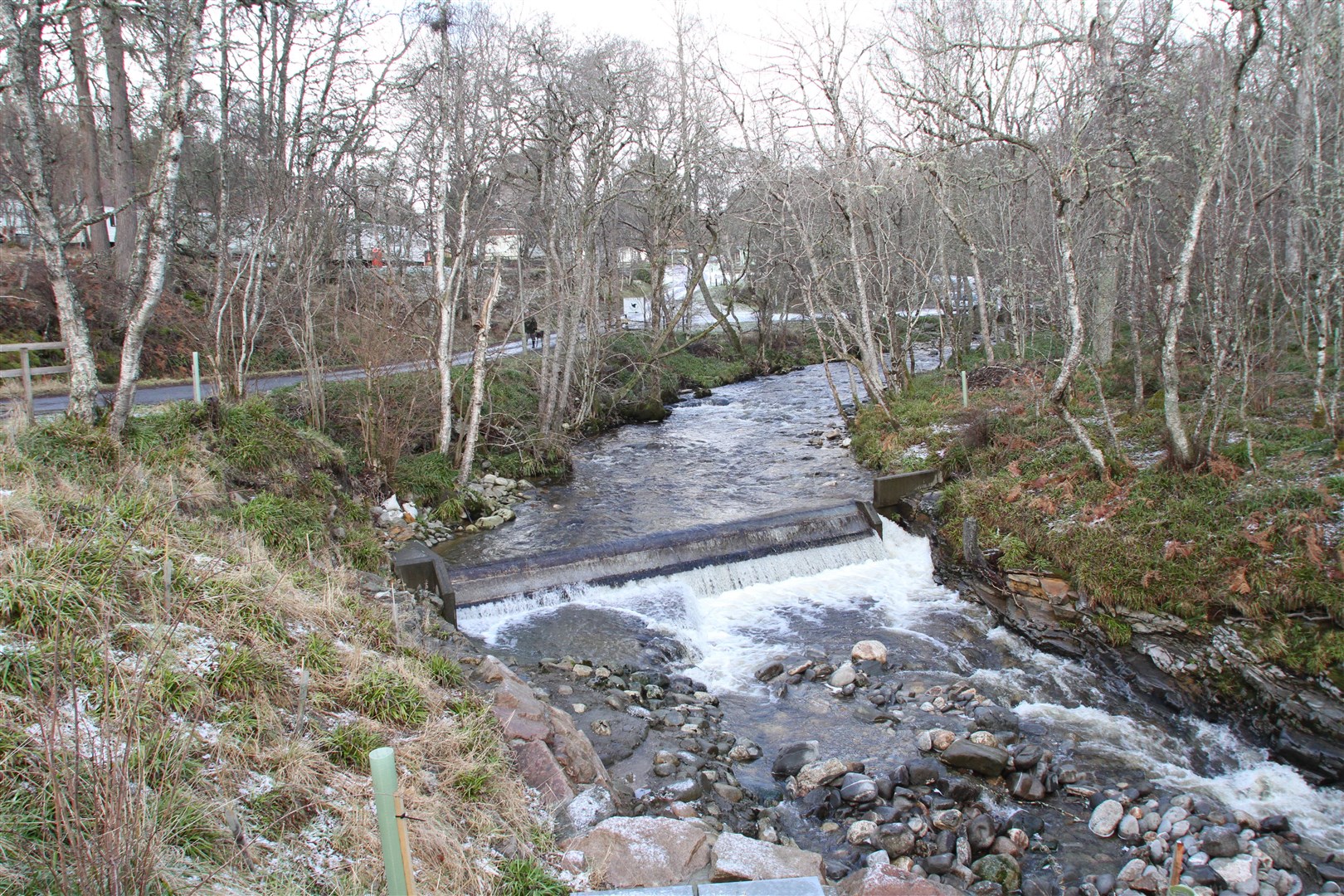 The weir on the Gynack which feeds Kingussie's community hydro plant