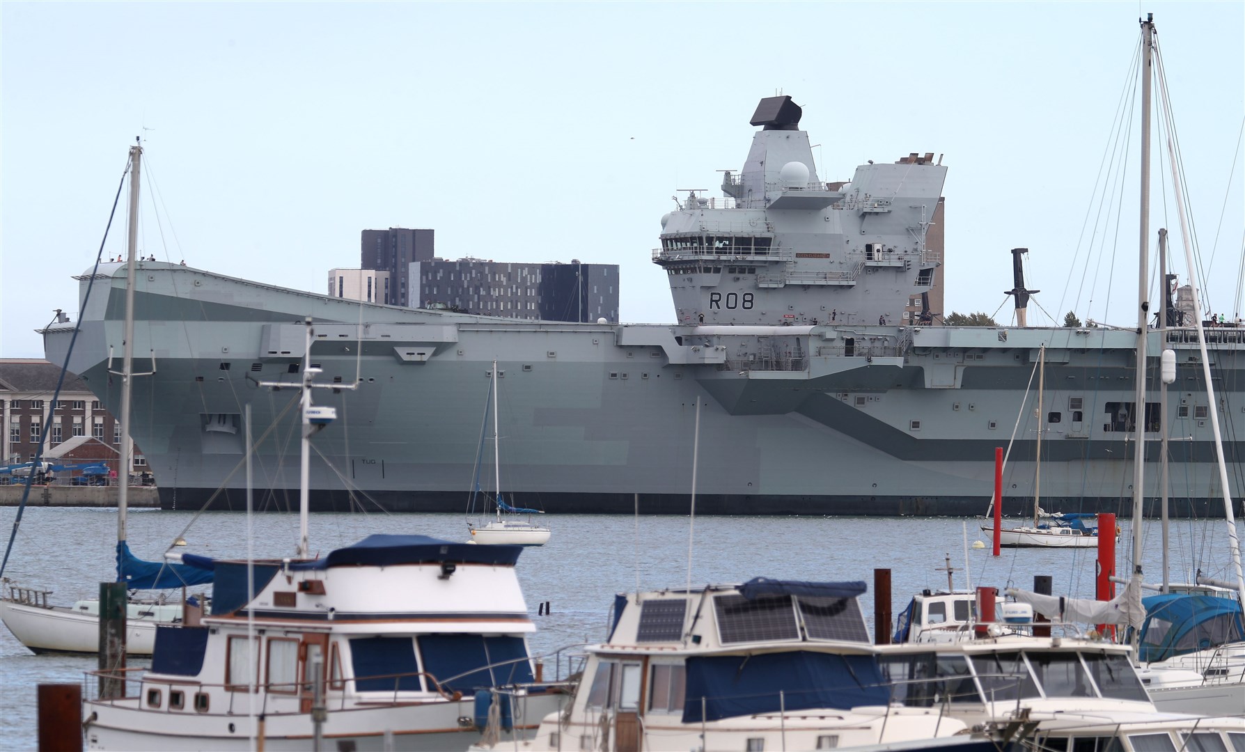 The Royal Navy aircraft carrier HMS Queen Elizabeth moored up at HMNB Portsmouth (PA)
