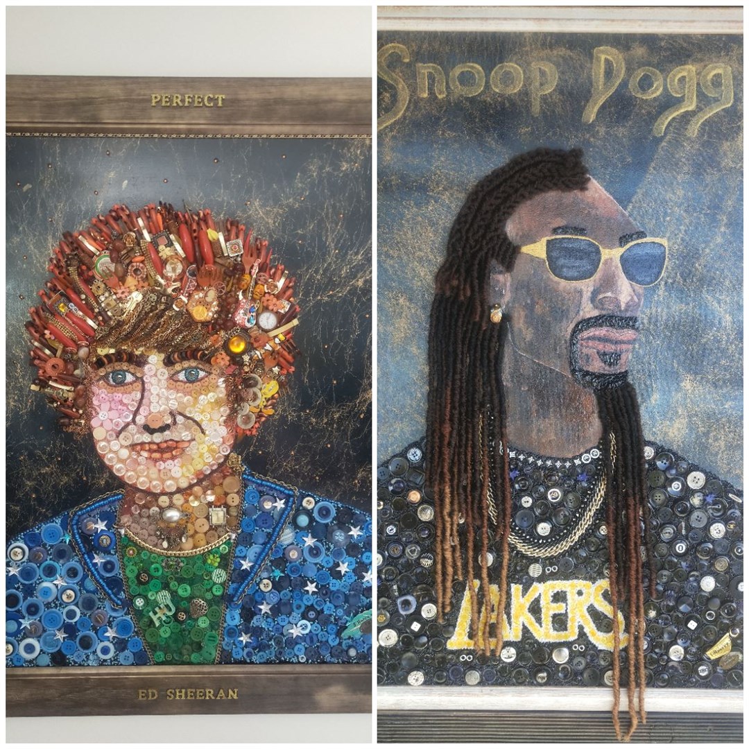 Mrs Harrex’s depictions of Ed Sheeran and Snoop Dogg (Sharyn Harrex/PA)