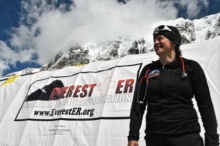 Dr Tash Burley in front of the medical unit at Everest's base camp