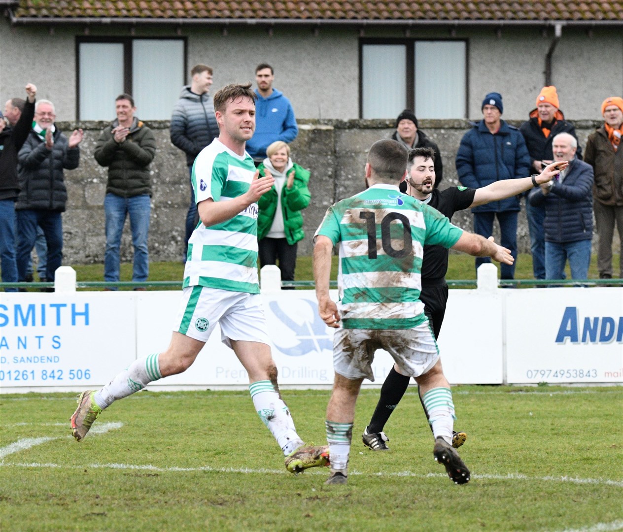 Josh Peters (left) grabbed four goals in 20 minutes in Buckie's 4-1 win away to Strathppey Thistle. Picture: Daniel Forsyth.