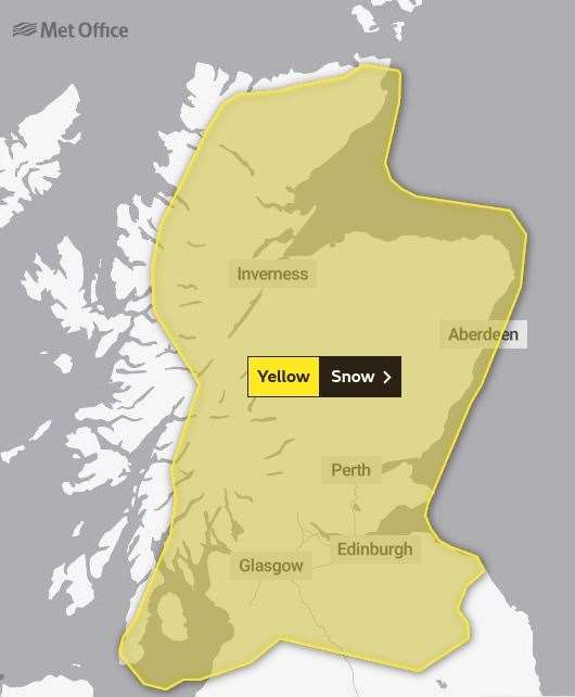 The area covered by the 60-hour long warning period, which runs on Friday, Saturday and the first half of Sunday, covers most of mainland Scotland. Picture: Met Office.