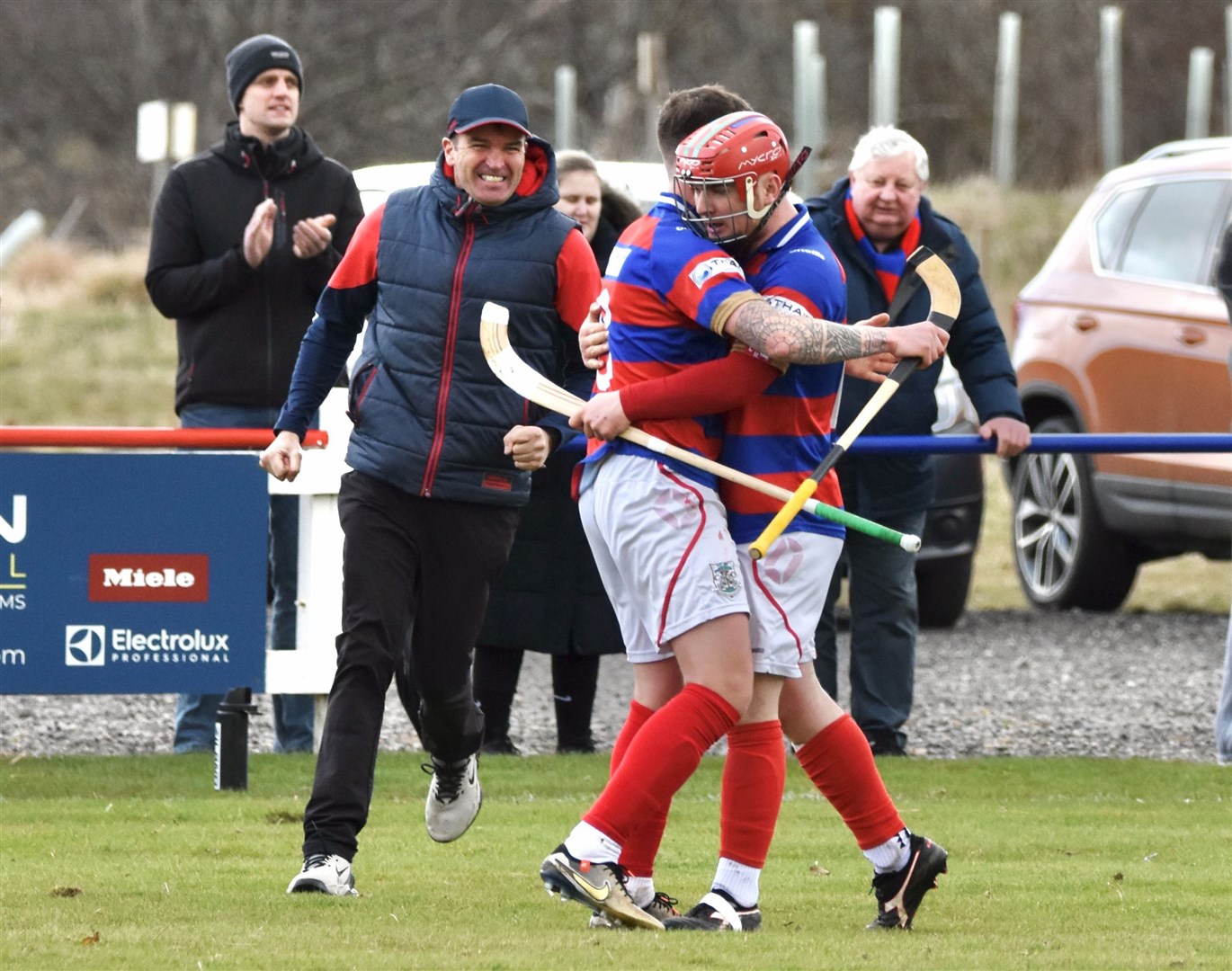 Kings boss Iain Borthwick (left) is all smiles as Savio Genini (right) celebrates a goal. Picture: Fiona Young.