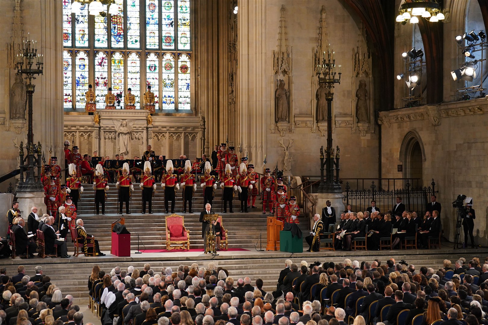 King Charles III gives his address thanking the members of the House of Lords and the House of Commons for their condolences at Westminster Hall, London (Joe Giddens/PA)
