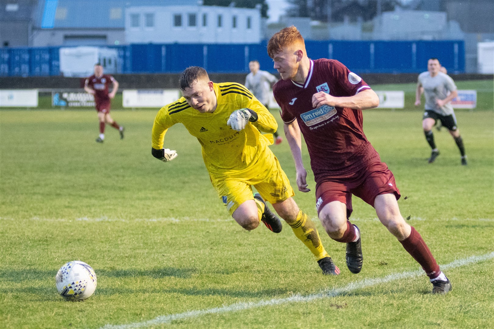 Keith's Matthew Tough rounds Vale keeper Sean McIntosh for a great chance in the second half. ..Keith FC (1) vs Deveronvale FC (1) - Highland Football League 22/23 - Kynoch Park, Keith 04/02/23...Picture: Daniel Forsyth..