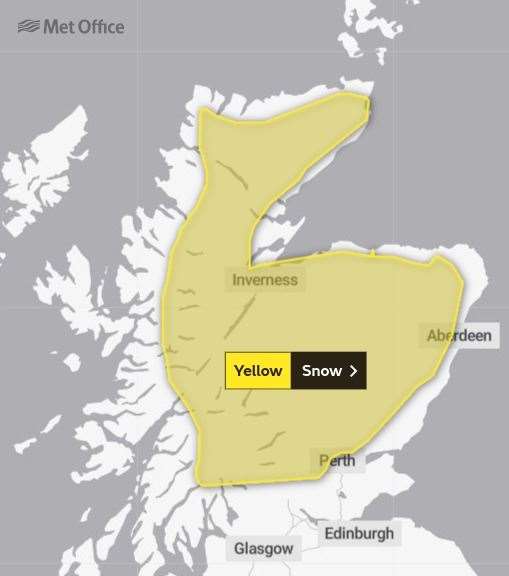 The area covered by the 54-hour yellow warning for snow, which runs from midnight on Thursday morning until 6am on Saturday. Picture: Met Office.