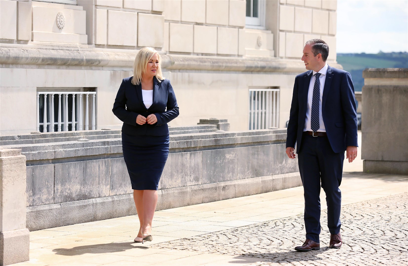 Michelle O’Neill and Paul Givan outside Parliament Buildings after being nominated deputy First Minister and First Minister respectively (Kelvin Boyes/Press Eye/PA)