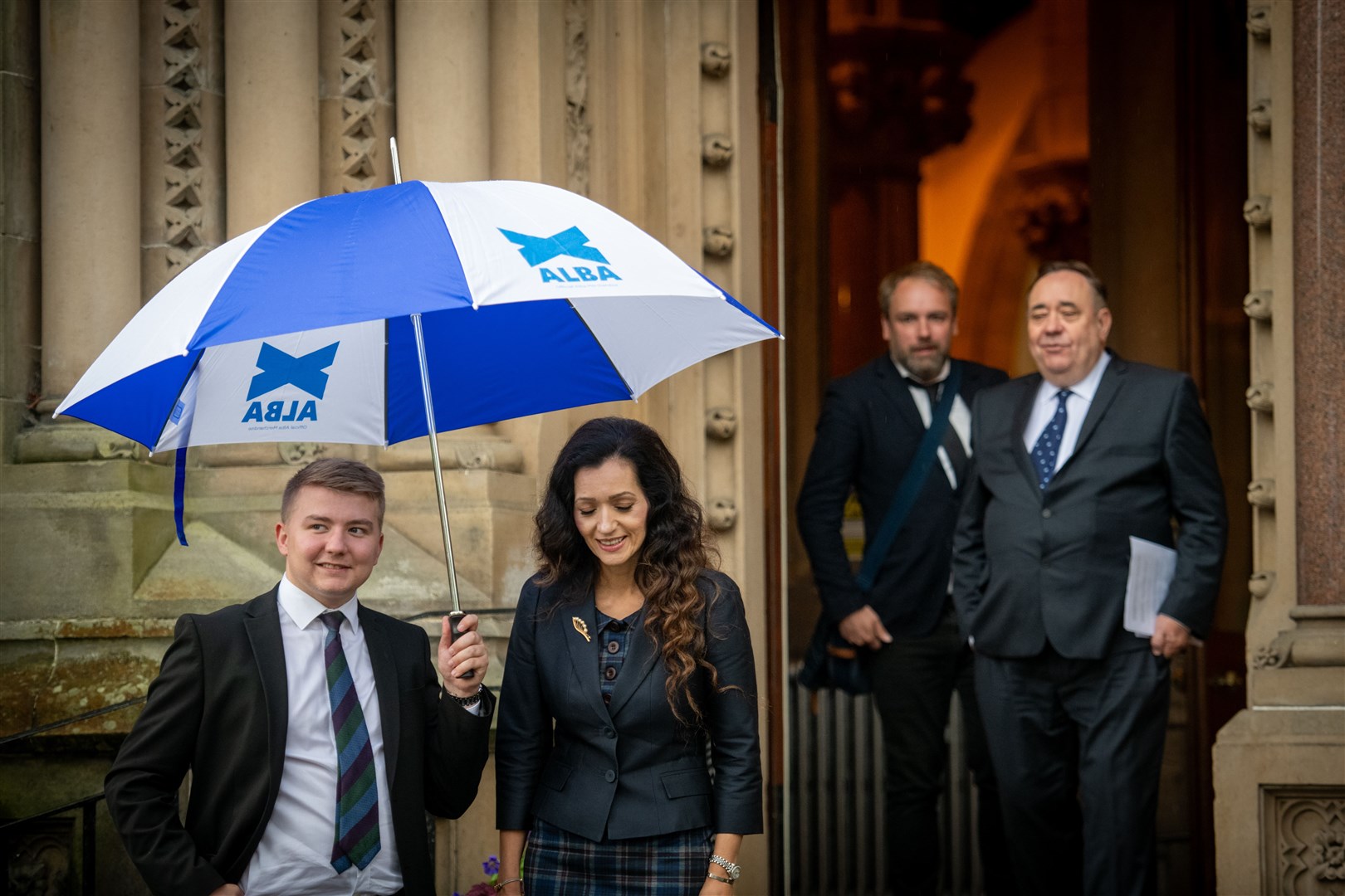 Former First Minister Alex Salmond leaves Winnie Ewing's memorial service. Picture: Callum Mackay..