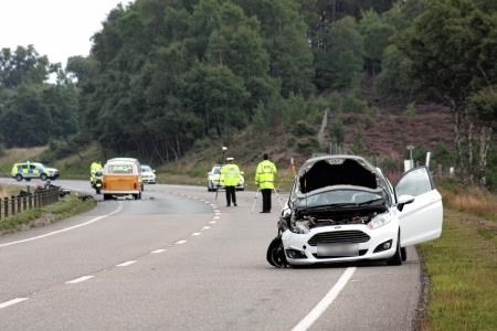 The scene of the accident with the motorbike left of the campervan
