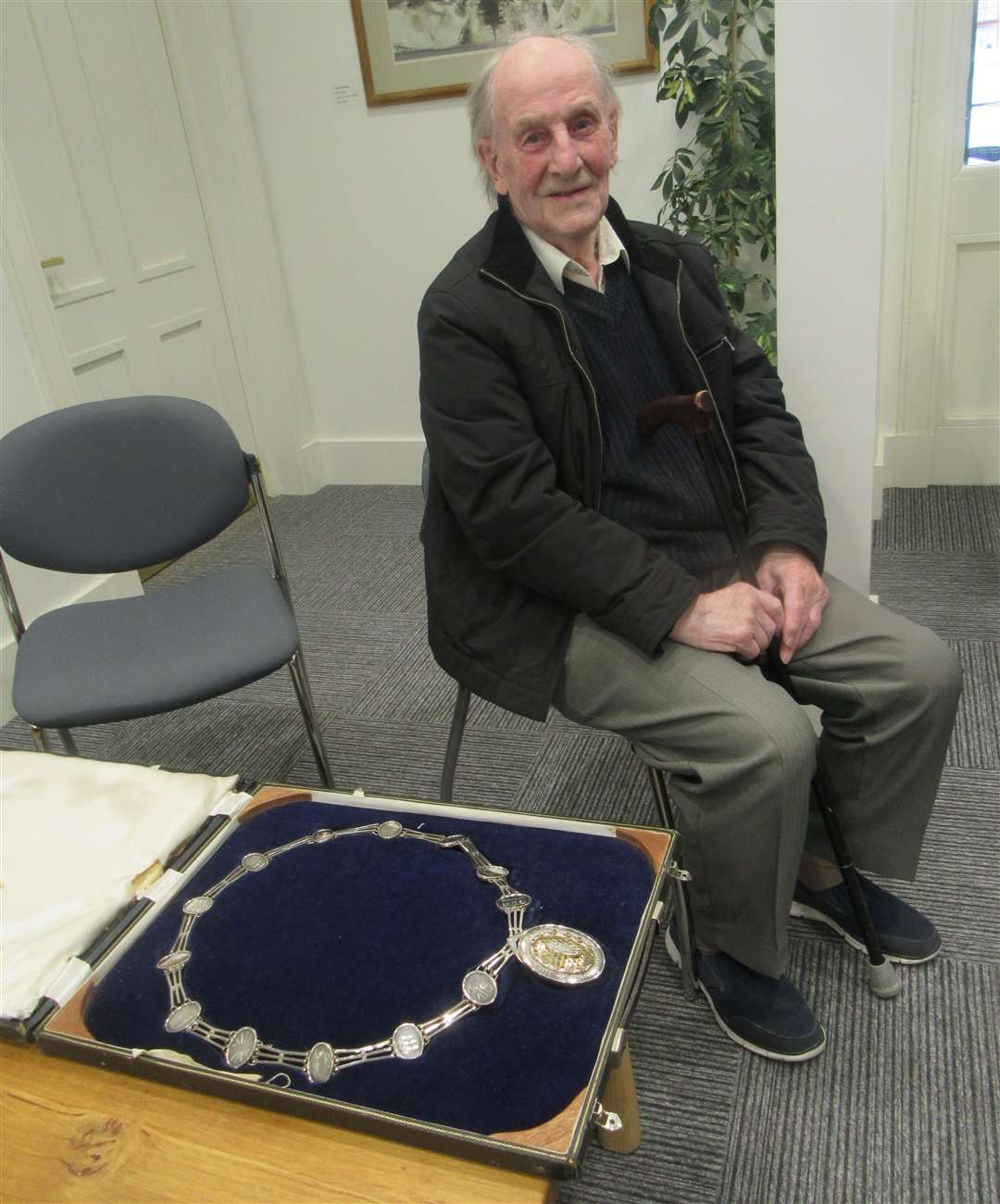 May 2019: A delighted Tommy reunited with his old chain of office at the opening of the restored Kingussie Courthouse