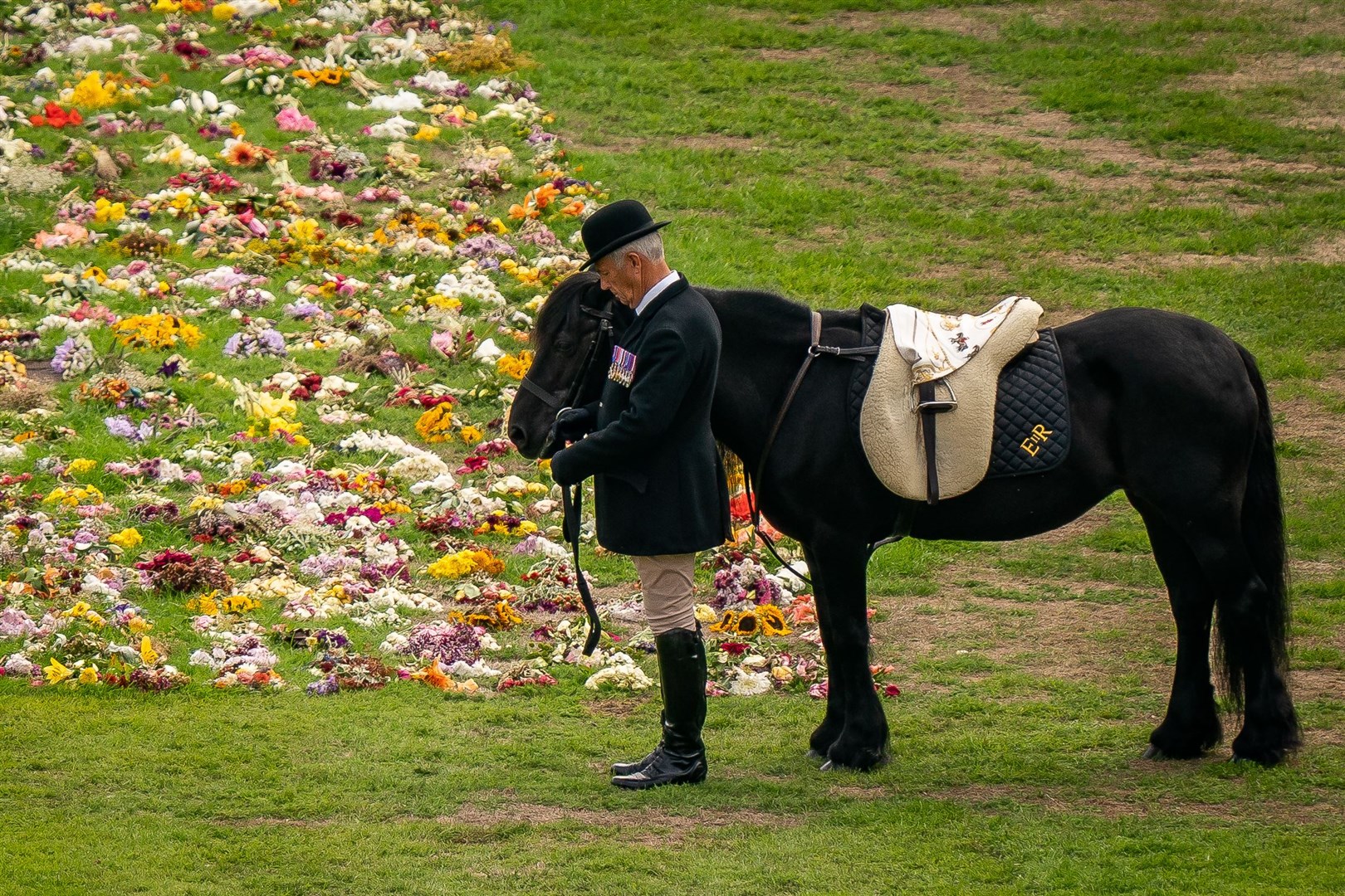Emma, the monarch’s fell pony, stands as the Ceremonial Procession of the Queen’s coffin arrives at Windsor Castle (Aaron Chown/PA)