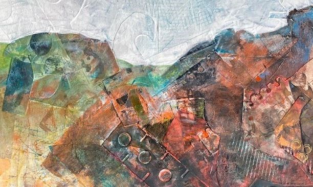 SOMETHING DIFFERENT: A worked up landscape image of collaged printed and painted paper ready for detail or further mark making.