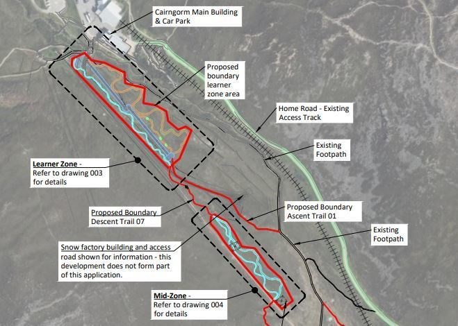 The proposed lower (larger area with dotted black line) and mid zone sections of the new mountain bike attraction.