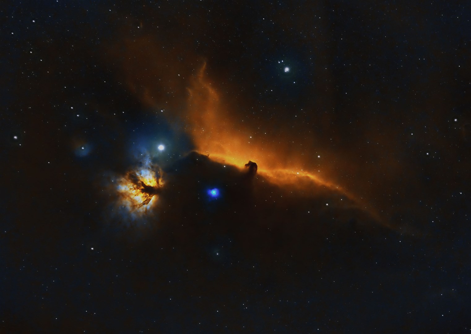 Staying in the Orion area there are other nebulae that can be imaged with Graham's equipment but they are not visible to the naked eye. In the vicinity of the star Alnitak are the Horsehead and Flame Nebulae.The Horsehead Nebula is a dark nebula and is visible against the bright emission nebula IC 434 and is some 1,500 light-years from earth. Immediately adjacent to the Horsehead is nebula NGC 2023 – the small blue feature below and slightly left from the Horsehead Nebula. Graham explained: "Emission nebulae are so called because their light comes from atoms that are 'excited' by the radiation from a nearby star. Reflection nebulae are visible because they reflect the light from a nearby star." To the far left is the Flame Nebula is an emission nebula approximately 900 to 1,500 light-years distant. The nebula is a vast cloud of hydrogen gas which is excited by the ionising radiation from the star Alnitak.
