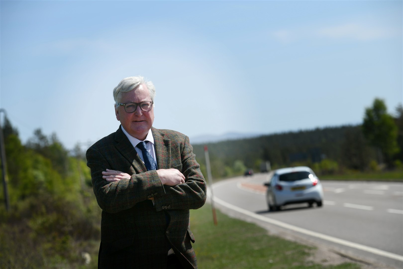 Fergus Ewing A9 at the Carrbridge turn off. Picture: Callum Mackay..