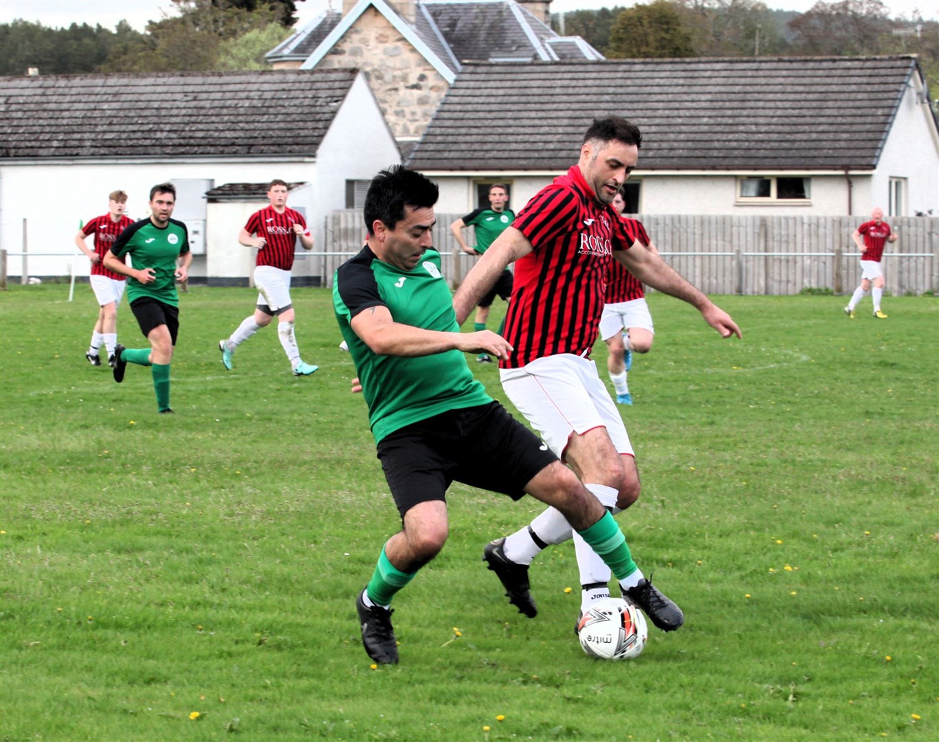 FC Abernethy’s Richard Villegas shows a neat touch to get away from his marker.