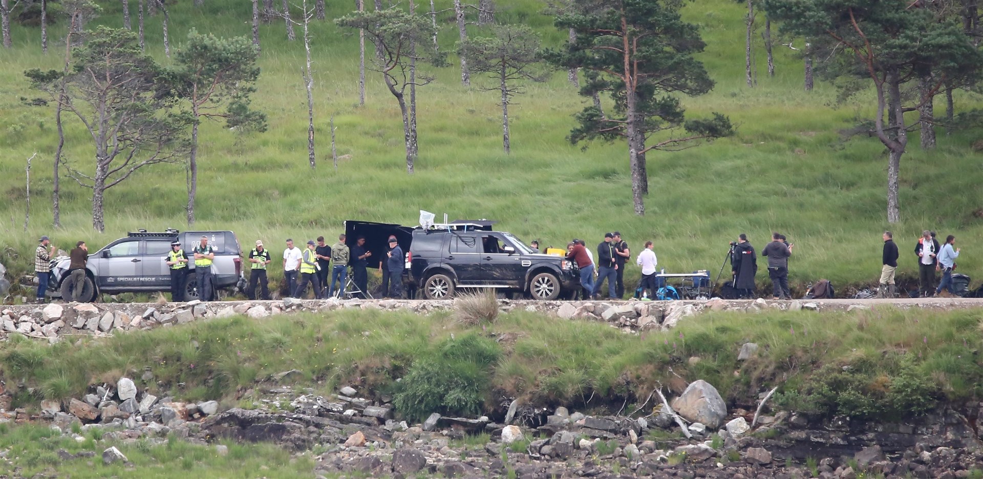 Film crew prepare to shoot a car chase scene for the new James Bond movie on Ardverikie Estate in July 2019.