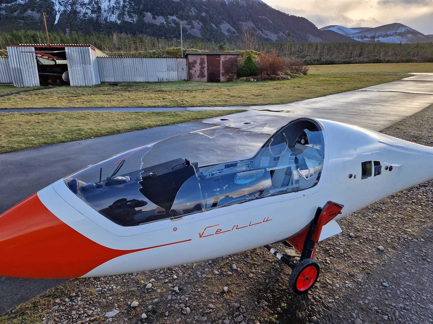 Grounded: a parked glider at the Cairngorm airfield