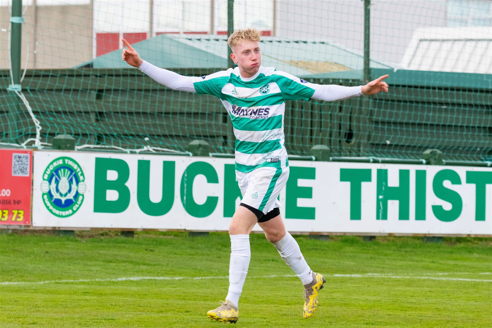Buckie's Jack MacIver scores the last goal of the afternoon. Buckie Thistle F.C. (6) v Deveronvale F.C. (1) at Victoria Park, Buckie, Highland Football League.Picture: Beth Taylor
