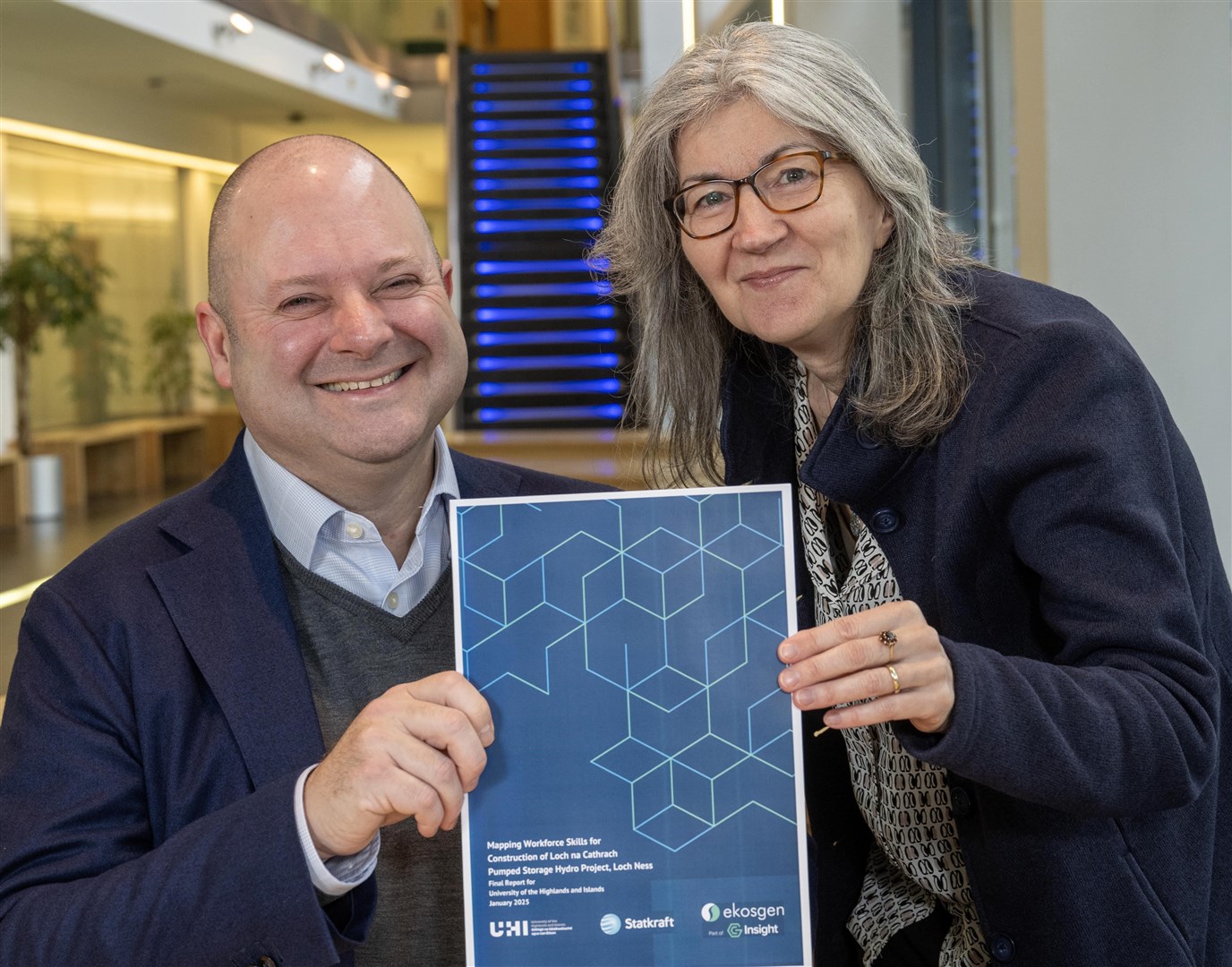 Scott Gilbert, Statkraft’s Loch na Cathrach project director, and Shona Clyne, UHI’s head of economic development, with the new report highlighting jobs and skills opportunities from hydro pumped storage development.