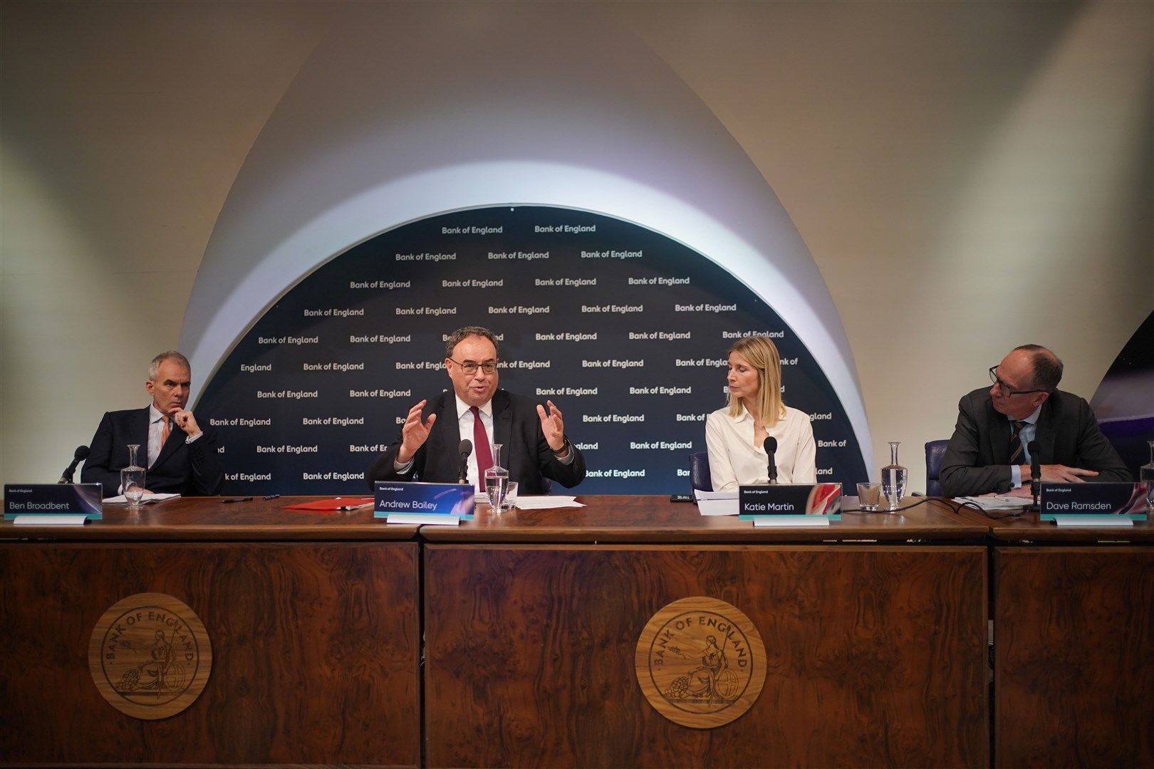 Andrew Bailey with other members of the Bank’s Monetary Policy Committee on Thursday (Yui Mok/PA)