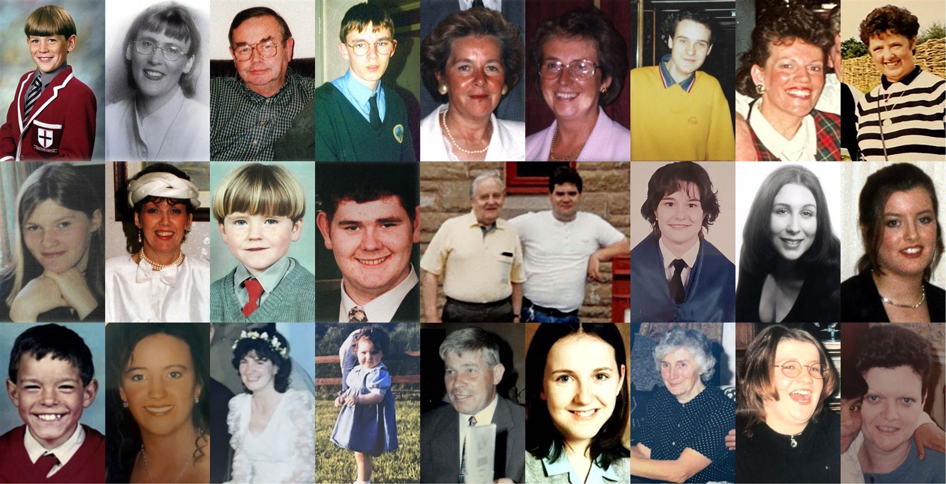 Victims of the Omagh bombing on August 15 1998, (left to right, top row) James Barker, Esther Gibson, Sean McGrath, Gareth Conway, Elizabeth Rush, Veda Short, Alan Radford, Ann McCombe, and Olive Hawkes, (middle row, left to right) Lorraine Wilson, Geraldine Breslin, Oran Doherty, Aiden Gallagher, Fred and Bryan White, Rocio Abad Ramos, Debra-Anne Cartwright, and Brenda Logue, and (bottom left to right) Shaun McLaughlin, Jolene Marlow, Avril Monaghan, Maura Monaghan, Brian McCrory, Samantha McFarland, Mary Grimes, Julia Hughes, and Philomena Skelton. Issue date (Family/PA)