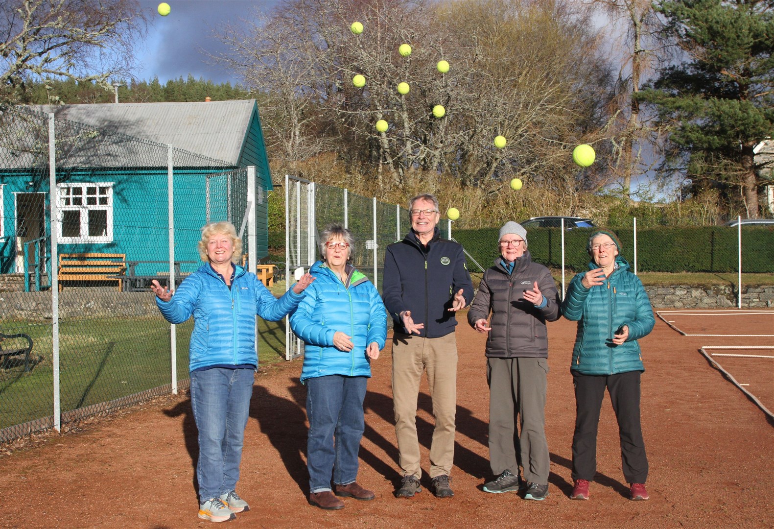 DELIGHTED WITH FUNDS: Marj Deans, Mary Anderson, Kenny Deans, Helen Peebles and Moira Webster at Kingussie Tennis Club.