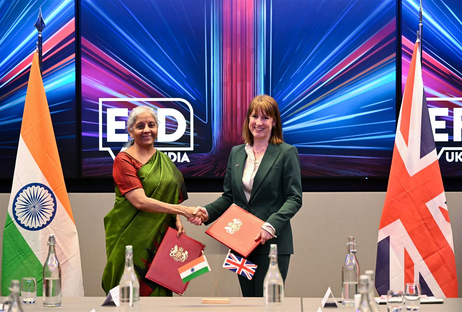 Chancellor Rachel Reeves shakes hands with finance minister of India Nirmala Sitharaman following the 13th UK-India Economic and Financial Dialogue at the London Stock Exchange Group (Justin Tallis/PA)
